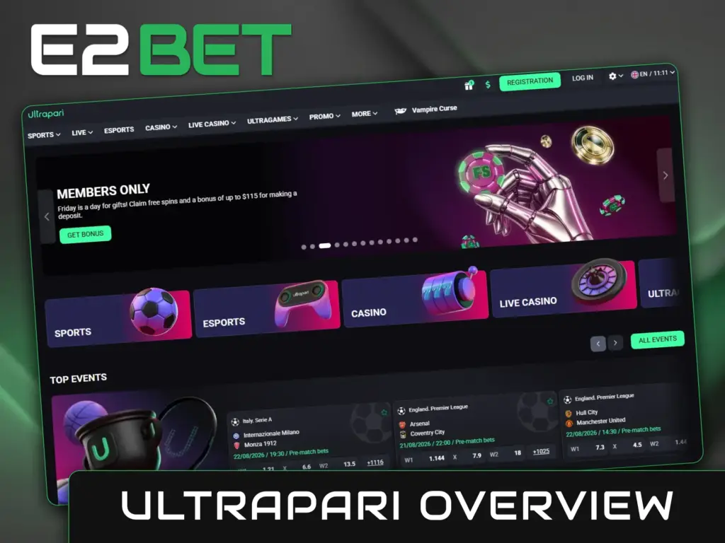 Feature summary box showing sportsbook options, esports markets, and cryptocurrency payment methods on UltraPari.
